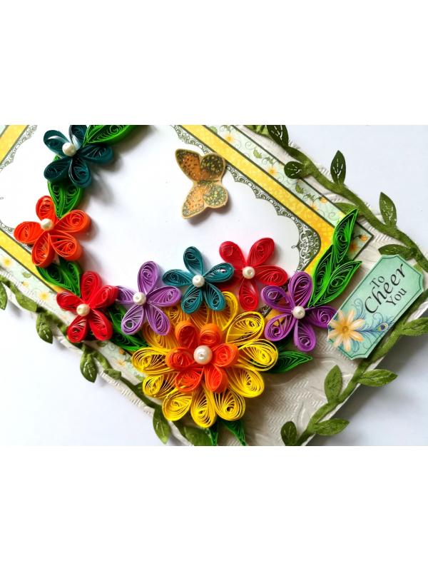 Multicolored Quilled Flowers Mini Scrapbook Greeting Card