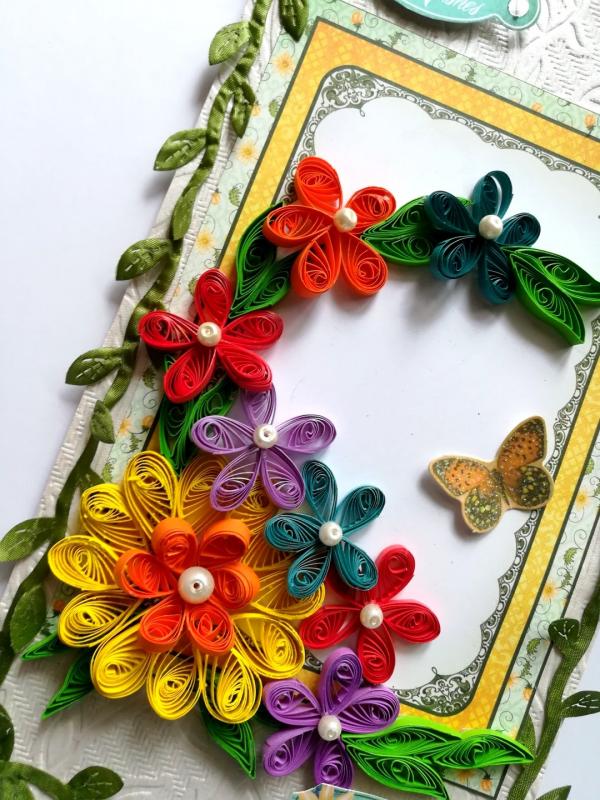 Multicolored Quilled Flowers Mini Scrapbook Greeting Card