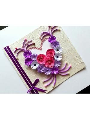 Pink and Purple Quilled Flowers in Heart Greeting Card