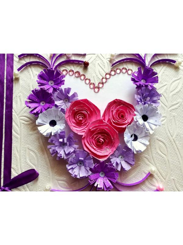 Pink and Purple Quilled Flowers in Heart Greeting Card image