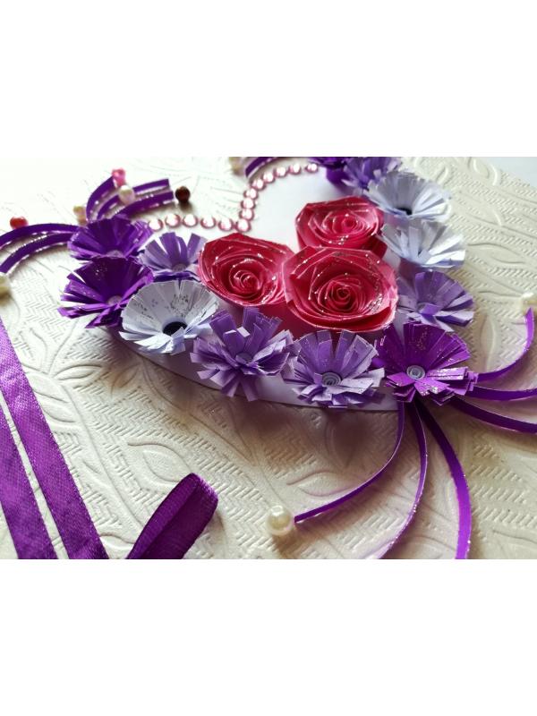 Pink and Purple Quilled Flowers in Heart Greeting Card