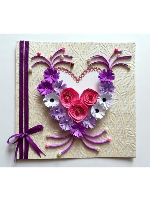 Pink and Purple Quilled Flowers in Heart Greeting Card image