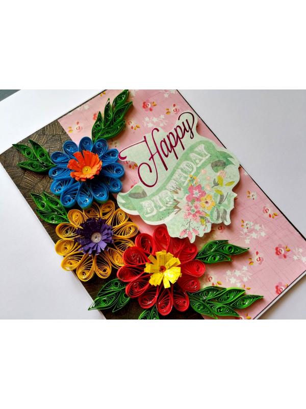 Quilled Flowers Happy Birthday Greeting Card