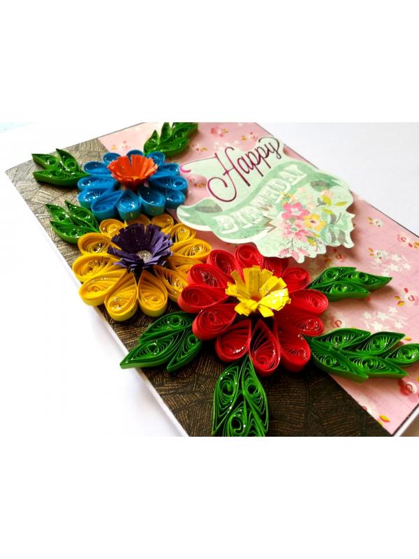 Quilled Flowers Happy Birthday Greeting Card