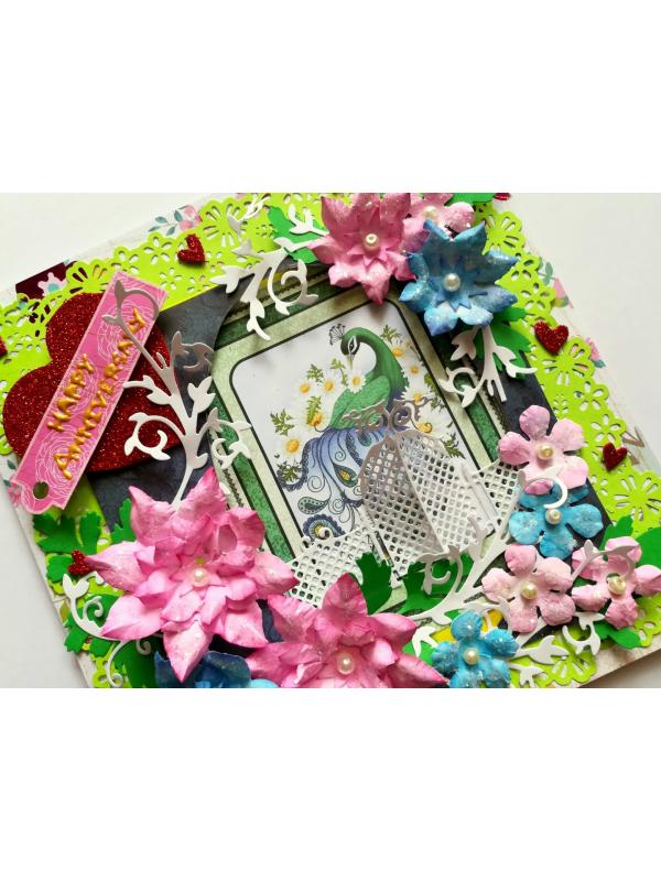 Pink and Blue Paper Flowers Anniversary Greeting Card image