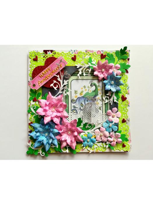 Pink and Blue Paper Flowers Anniversary Greeting Card image