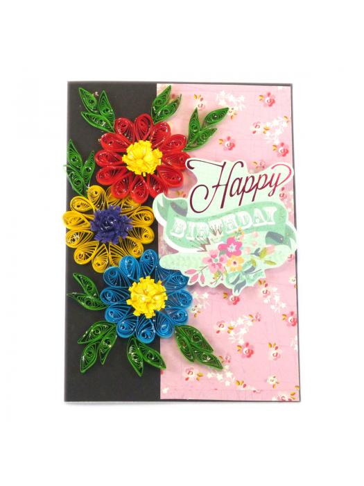 Quilled Flowers Happy Birthday Greeting Card