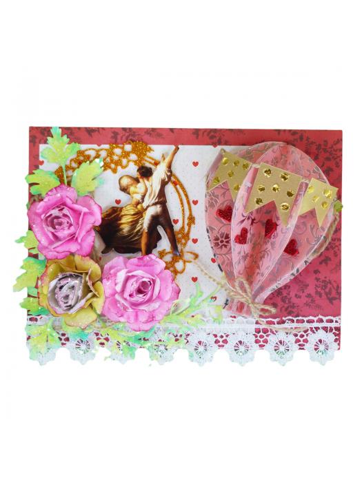 Romantic 3d Paper Hot Air Balloon with Handmade Roses Greeting Card image