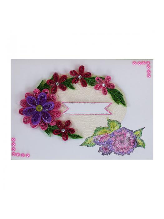 Sparkling Quilled Pink Flowers in Circle Greeting Card image