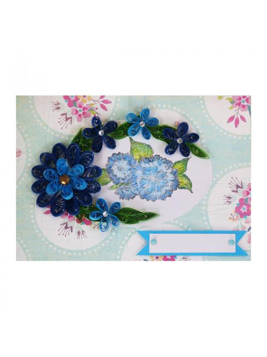 Sparkling Quilled Blue Flowers in Circle Greeting Card