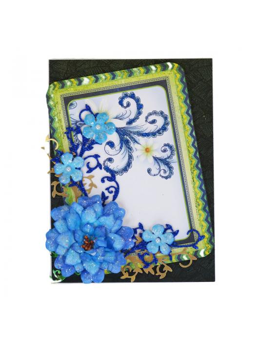 Sparkling Handmade Blue Paper Flowers Corner Greeting Card