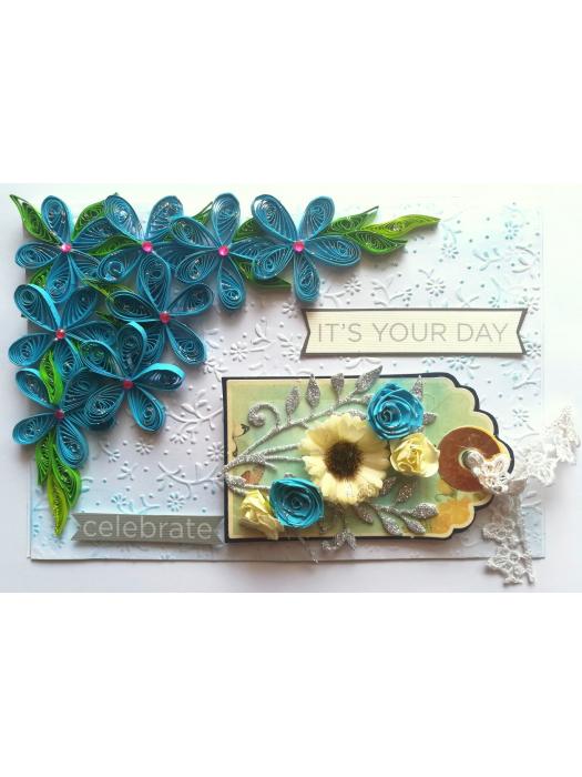 Blue Quilled Corner Flowers Birthday Greeting card image