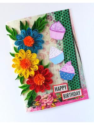 Multicolor Flowers Quilled Birthday Greeting Card Multicolor Flowers Quilled Birthday Greeting Card