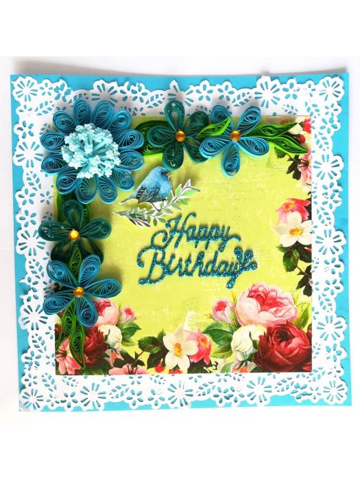 Blue Quilled Corner Flowers Birthday Greeting card image