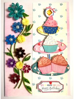 Sparkling Quilled Flowers and Cupcake Birthday Card Sparkling Quilled Flowers and Cupcake Birthday Card