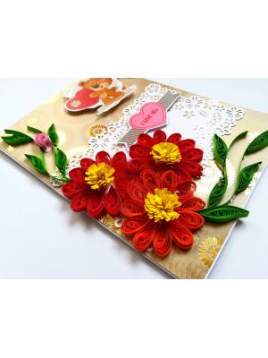 Quilled Red Love Flowers Valentine Greeting Card