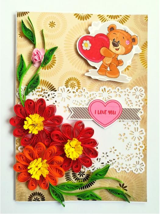 Quilled Red Love Flowers Valentine Greeting Card image
