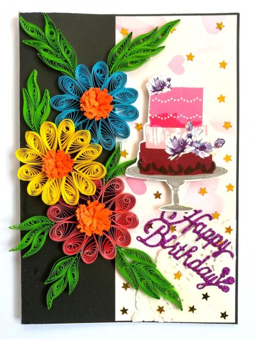 Multicolor Flowers Quilled Birthday Greeting Card image