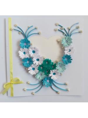 White and Blue Quilled Flowers in Heart Greeting Card