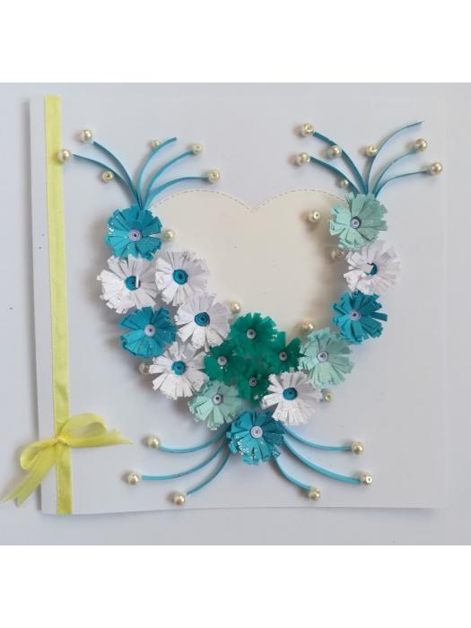 White and Blue Quilled Flowers in Heart Greeting Card