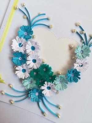White and Blue Quilled Flowers in Heart Greeting Card
