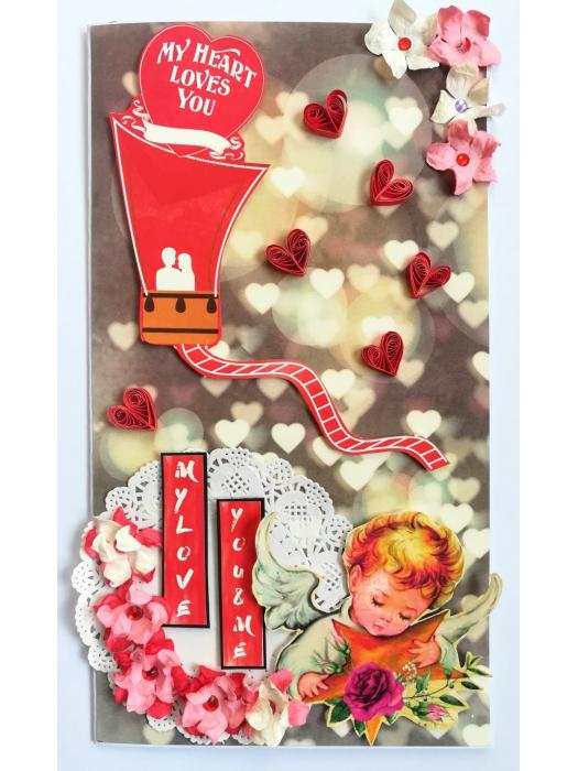 Hot air Balloon Handmade Flowers Mini Scrapbook Greeting Card