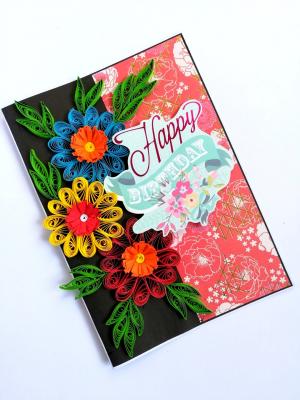 Quilled Flowers Happy Birthday Greeting Card