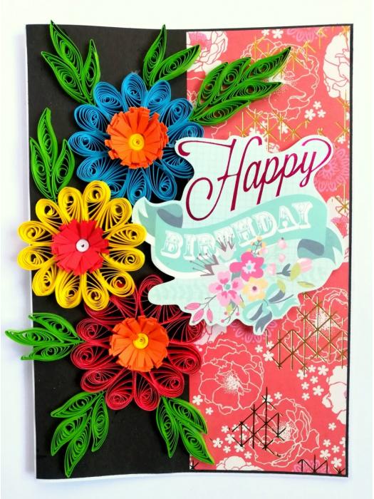 Quilled Flowers Happy Birthday Greeting Card image