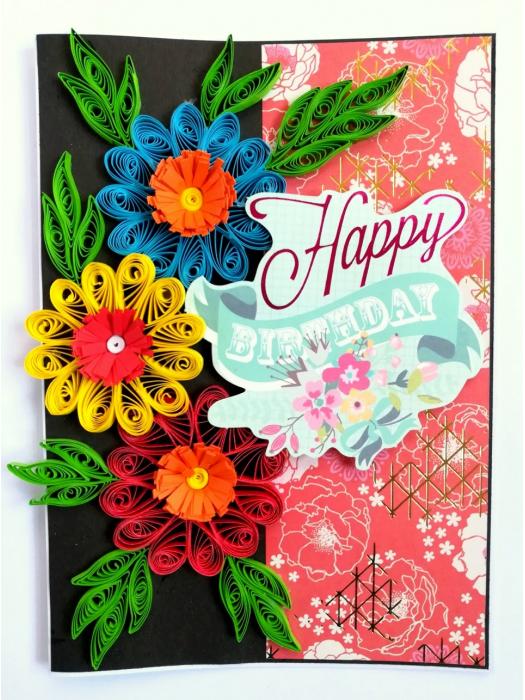 Quilled Flowers Happy Birthday Greeting Card