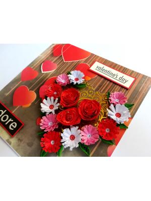Quilled Red Theme Flowers in Heart Greeting Card