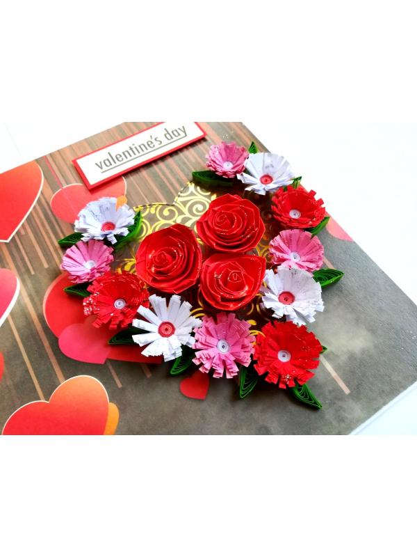 Quilled Red Theme Flowers in Heart Greeting Card image