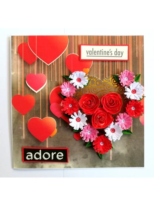 Quilled Red Theme Flowers in Heart Greeting Card