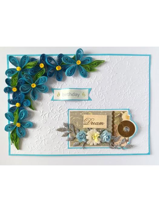 Blue Quilled Corner Flowers Birthday Greeting card