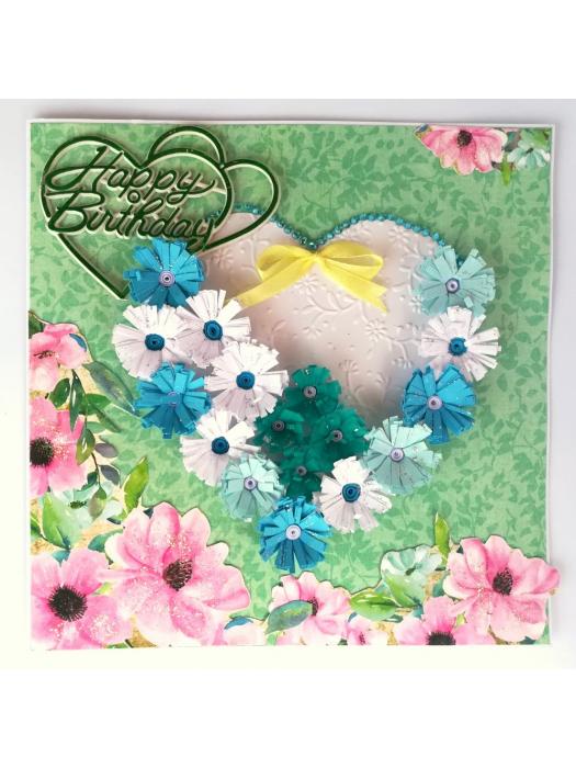 White and Blue Quilled Flowers in Heart Greeting Card image