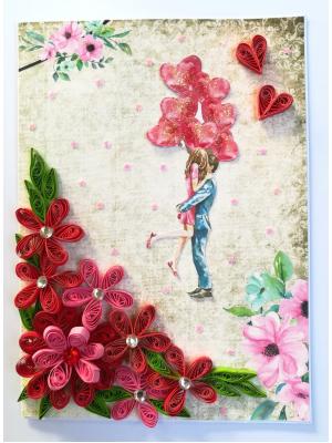 Quilled Red Flowers Corner Couple Card Quilled Red Flowers Corner Couple Card