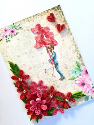 Quilled Red Flowers Corner Couple Card Quilled Red Flowers Corner Couple Card