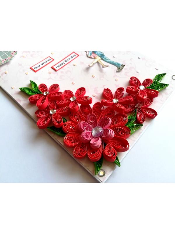 Red Quilled Flowers Birthday Greeting Card image