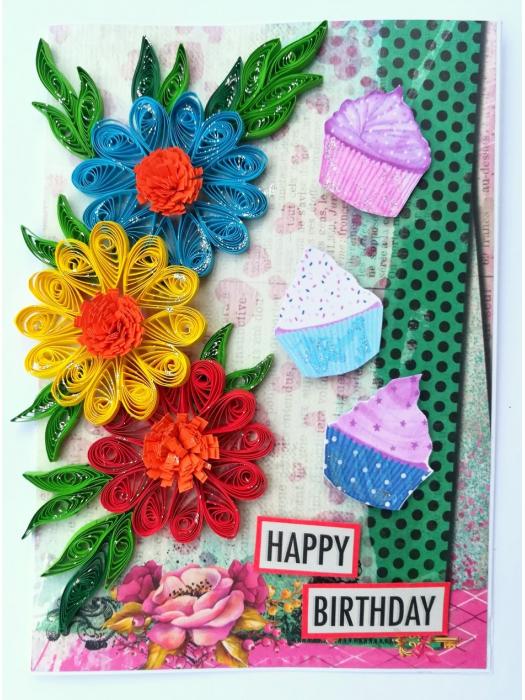 Multicolor Flowers Quilled Birthday Greeting Card