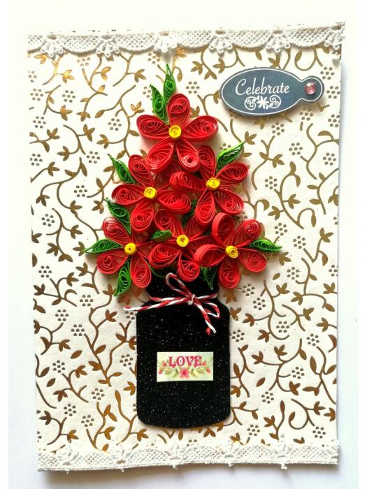 Red Quilled Flowers Jar Greeting Card