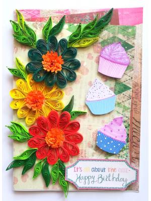 Multicolor Flowers Quilled Birthday Greeting Card Multicolor Flowers Quilled Birthday Greeting Card