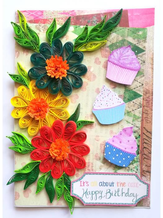 Multicolor Flowers Quilled Birthday Greeting Card