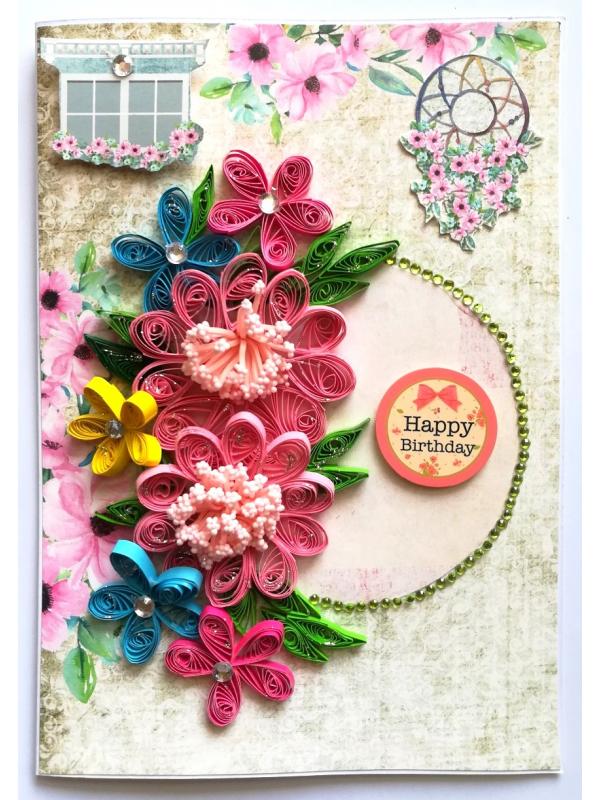 Multicolor Quilled Flowers Birthday Card