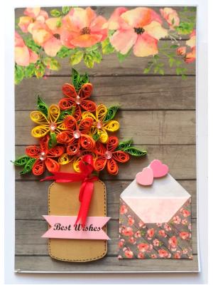 Yellow Quilled Flowers in Vase Greeting Card -D1 Yellow Quilled Flowers in Vase Greeting Card -D1