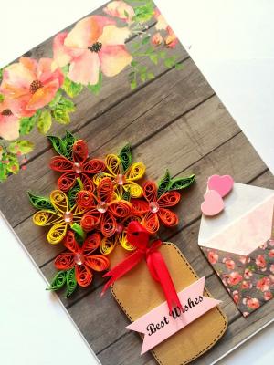 Yellow Quilled Flowers in Vase Greeting Card -D1 Yellow Quilled Flowers in Vase Greeting Card -D1