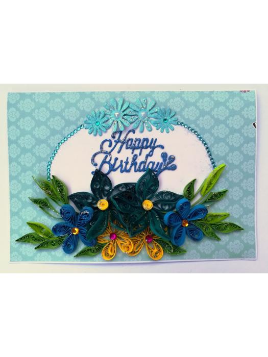 Blue Quilled Flowers Birthday Greeting card - D1 image