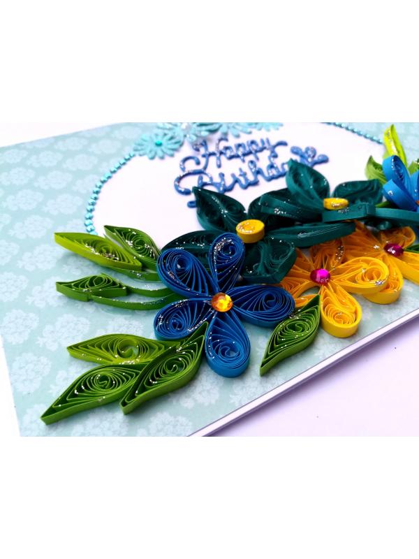 Blue Quilled Flowers Birthday Greeting card - D1 image