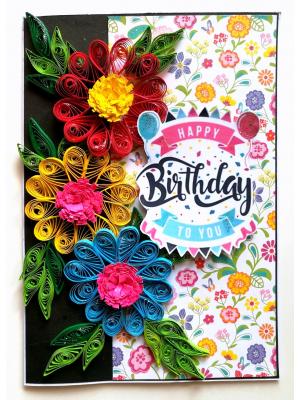 Quilled Flowers Happy Birthday Greeting Card -D1 Quilled Flowers Happy Birthday Greeting Card -D1
