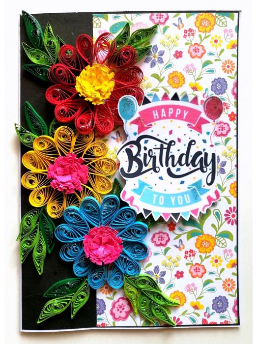 Quilled Flowers Happy Birthday Greeting Card -D1 image