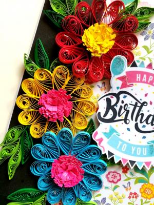Quilled Flowers Happy Birthday Greeting Card -D1 Quilled Flowers Happy Birthday Greeting Card -D1