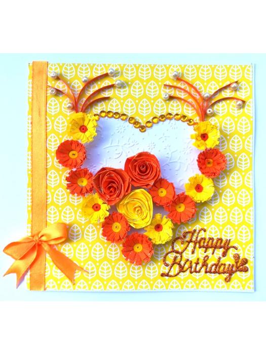 Yellow Themed Quilled Flowers in Heart Greeting Card image